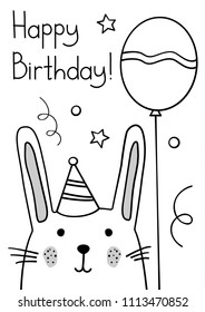 Doodle sketch rabbit Happy Birthday greeting card. Cartoon Bunny with bonnet and balloon vector Illustration. Hand drawn party postcard. Wild mammal animal. EPS 10