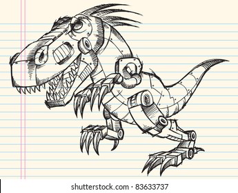 Doodle Sketch Robot Tyrannosaurus Dinosaur Vector Illustration