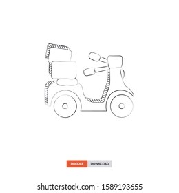 Doodle sketch of scooter delivery concept on white background. scooter delivery doodle art. Cartoon vector illustration. Isolated sketch line art. Icon in hand drawing design style.