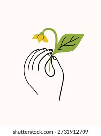 Doodle Skizze Kritzelhand mit Frühlingsblume. Hand mit Blumenlinie Art Konturdarstellung. Minimalistische einfache lineare Darstellung der weiblichen Hand mit Blume. Hand hält Blume ein Linie Art.