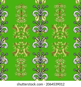 Doodle, sketch, scribble on black, white and green colors. Victorian swirly ornaments Vector illustration. Curl line flourish symbols. Seamless. Scroll decorative vintage elements.