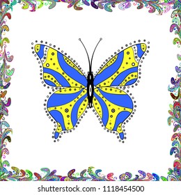 Doodle, sketch, scribble. Tropical butterfly seamless pattern in white, blue and yellow colors. In simple style. Vector illustration. An image of butterfly.