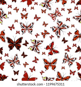 Doodle, sketch, scribble. Vector illustration. In simple style. An image of butterflies. Tropical butterfly seamless pattern in white, brown and black colors.