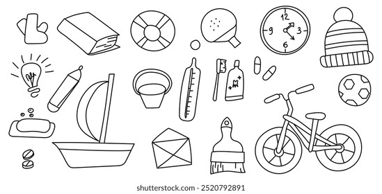 Conjunto de esboços de rabiscar. Bota, livro, boia salva-vidas, ping pong, relógio, chapéu, lâmpada e muito mais. Pacote de ilustração de vetor. Desenho de contorno em preto-e-branco