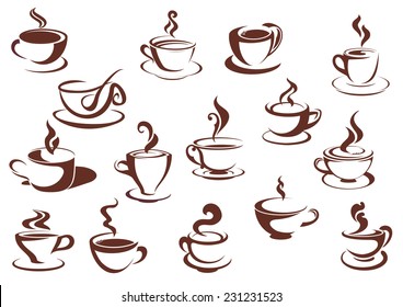 Doodle sketch set in brown and white of steaming hot beverages of coffee and tea in assorted cups