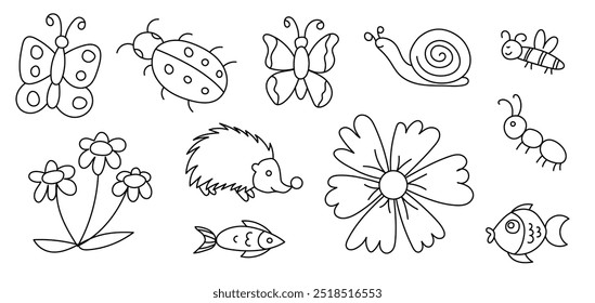 Doodle sketch set. Butterfly, ladybug, snail, bee and flower. Hedgehog, fish and ant. Vector illustration bundle. Black and white outline drawing