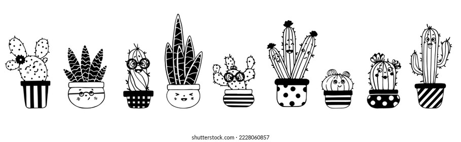 Doodle sketch set of cute kawaii cactus and succulent characters. Vector graphics.