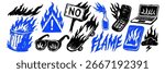 Doodle sketch set of flames, burning trashcan, laptop, smartphone, skateboard, molotov cocktail and signs in crayon scribble