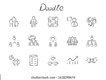 Doodle Sketch Set of Team Work Related Vector Line Icons. Contains such Icons as Handshake, Check, Idea, Coffee, Gears, Cooperation, Collaboration, Team Meeting and more. Draw. 32x32 Pixels