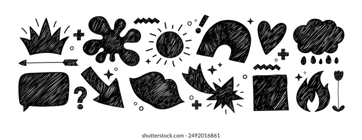 Doodle sketch shapes with scribble pen lines. Hand drawn crown, arrow, fire, speech bubble, heart, lips, rain cloud, star and sun symbols with pencil strokes. Black abstract icons, vector illustration