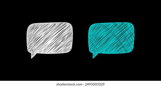 Doodle skizziert Formen von Sprechblasen mit Kritzellinien. Handgezeichnete Konversations-Symbole mit weißen und grünen Strichen. Abstrakte Kritzel-Design-Elemente, Vektorillustration auf schwarzem Hintergrund
