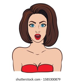 Doodle sketch short-haired brunette girl. Illustration of a surprised pop art woman 