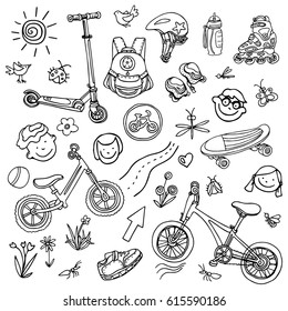 Doodle Sketch Sporting Goods For Kids. Vector Icons Illustration. Set. Scooter, Rollers, Skate, Bicycle, Sneakers, Backpack, Helmet, Sun, Flower, Road, Child, Park, Water. Summer Children's Holiday