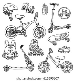 Doodle sketch sporting goods for kids. Vector icons Illustration. Set. Scooter, rollers, skate, bicycle, sneakers, backpack, helmet, water. Summer children's holiday