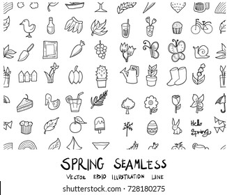 Doodle sketch spring icons background seamless pattern Illustration vector