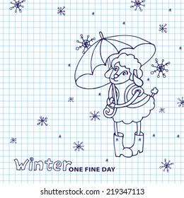 Doodle Sketch in the style of children's hand drawing. Cute sheep girl l with umbrella standing,falling snowflakes. Sketchy notepaper.Space for text. Winter Funny animals vector illustration