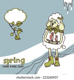 Doodle Sketch in the style of children's hand drawing. Cute sheep girl l with uship standing,flowing stream. Space for text. Spring Funny animals vector illustration