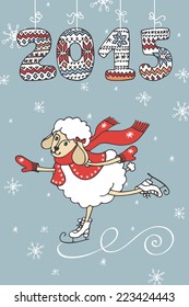 Doodle Sketch in the style of children's hand drawing.Greeting card. Cute sheep girl  skating.Knitted figures 2015 hanging on the ropes. Vector design template