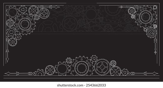 Desenhe o estilo de esboço de engrenagens de roda dentada em uma moldura e borda desenhadas à mão, representando o trabalho em equipe, ideias de negócios e progresso.