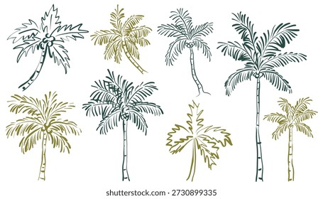 Una colección de estilo de boceto doodle de ilustraciones de palmeras de un solo color. Perfecto para gráficos de vacaciones en la isla, viajes, acentos de marca de verano y proyectos de diseño con temas de playa.