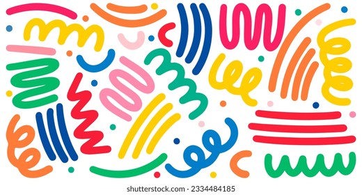 Doodle sketch style of colorful shapes and lines on white background for concept design.