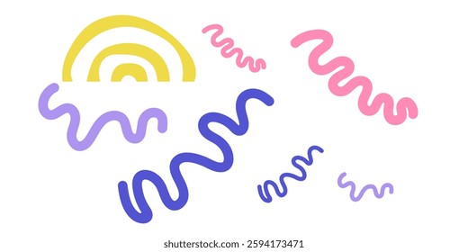Doodle sketch style of colorful shapes and lines on white background for children or trendy design. 