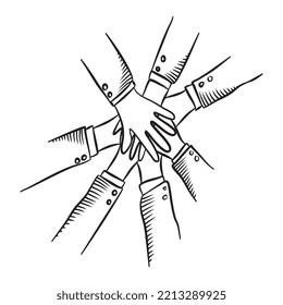 Doodle sketch style of diverse group of people putting together cartoon vector illustration for concept design.