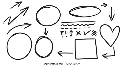 Estilo de dibujo de dibujos de dibujos de mano, flechas, círculos y curvas de ilustración vectorial para el diseño conceptual.