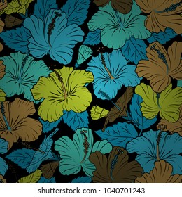 Doodle sketch style, hand-drawn illustration. Vector seamless floral pattern with hibiscus flowers, leaves, decorative elements, splash, blots and drop in black, green and blue colors.