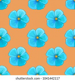 Doodle sketch style, hand-drawn illustration. Vector seamless floral pattern with cosmos flowers, leaves, decorative elements, splash, blots and drop in blue, yellow and orange colors.