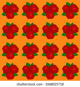 Doodle sketch style, hand-drawn illustration. Vector seamless floral pattern with rose flowers and green leaves, decorative elements, splash, blots and drop in green, orange and red colors.