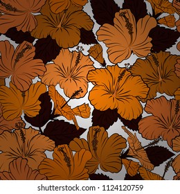 Doodle sketch style, hand-drawn illustration. Vector seamless floral pattern with hibiscus flowers, leaves, decorative elements, splash, blots and drop in black, orange and brown colors.