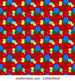 Doodle sketch style, hand-drawn illustration. Vector seamless floral pattern with rose flowers and green leaves, decorative elements, splash, blots and drop in green, red and blue colors.