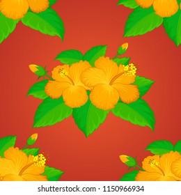 Doodle sketch style, hand-drawn illustration. Vector seamless floral pattern with hibiscus flowers, leaves, decorative elements, splash, blots and drop in green, yellow and orange colors.