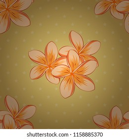Doodle sketch style, hand-drawn illustration. Vector seamless floral pattern with plumeria flowers, leaves, decorative elements, splash, blots and drop in yellow, orange and beige colors.