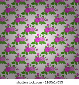 Doodle sketch style, hand-drawn illustration. Vector seamless floral pattern with rose flowers and green leaves, decorative elements, splash, blots and drop in magenta, green and pink colors.
