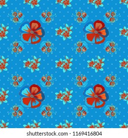 Doodle sketch style, hand-drawn illustration. Vector seamless floral pattern with cosmos flowers, leaves, decorative elements, splash, blots and drop in red, blue and orange colors.