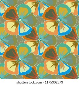 Doodle sketch style, hand-drawn illustration. Vector seamless floral pattern with cosmos flowers, leaves, decorative elements, splash, blots and drop in blue, green and orange colors.