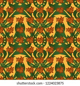 Doodle sketch style, hand-drawn illustration. Vector seamless floral pattern with plumeria flowers, leaves, decorative elements, splash, blots and drop in brown, green and yellow colors.