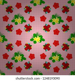 Doodle sketch style, hand-drawn illustration. Vector seamless floral pattern with plumeria flowers, leaves, decorative elements, splash, blots and drop in green, yellow and red colors.