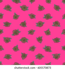 Doodle sketch style, hand-drawn illustration. Vector seamless floral pattern with rose flowers and green leaves, leaves, decorative elements, splash, blots and drop on a pink background.