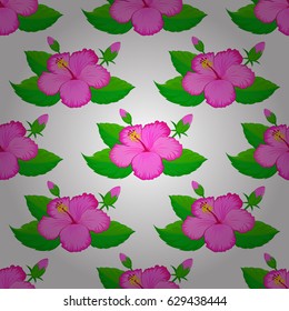 Doodle sketch style, hand-drawn illustration. Vector seamless floral pattern with hibiscus flowers, leaves, decorative elements, splash, blots and drop on a white background.