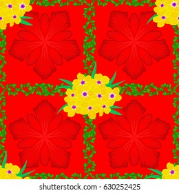 Doodle sketch style, hand-drawn illustration. Vector seamless floral pattern with primrose flowers, leaves, decorative elements, splash, blots and drop on a red background.