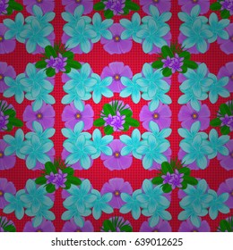 Doodle sketch style, hand-drawn illustration. Vector seamless floral pattern with plumeria flowers, leaves, decorative elements, splash, blots and drop on a red background.
