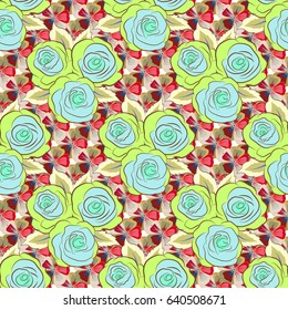 Doodle sketch style, hand-drawn illustration. Vector seamless floral pattern with flowers, leaves, decorative elements, splash, blots and drop in gray and red colors.