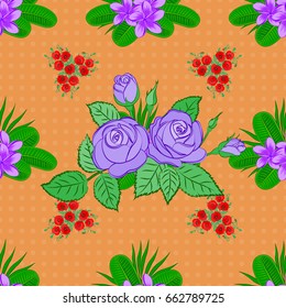 Doodle sketch style, hand-drawn illustration. Vector seamless floral pattern with rose flowers and green leaves, decorative elements, splash, blots and drop on a brown background.