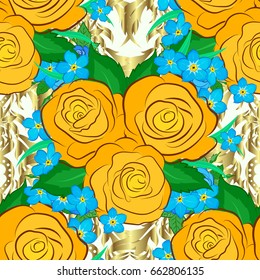 Doodle sketch style, hand-drawn illustration. Vector seamless floral pattern with rose flowers and green leaves, decorative elements, splash, blots and drop on a beige background.