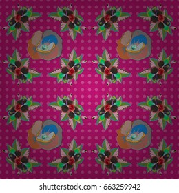Doodle sketch style, hand-drawn illustration. Vector seamless floral pattern with flowers, leaves, decorative elements, splash, blots and drop in blue and green colors.