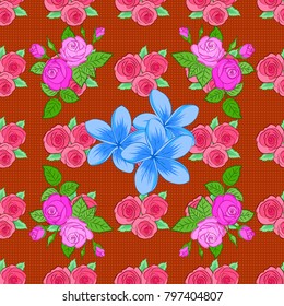 Doodle sketch style, hand-drawn illustration. Vector seamless floral pattern with plumeria flowers, leaves, decorative elements, splash, blots and drop in green, orange and pink colors.