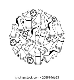 Doodle sketch style. A hand-drawn set of chess elements arranged in a circle. Queen, king, rook, bishop, horse and pawn. H Isolated vector illustration for board game store, store, game competition.